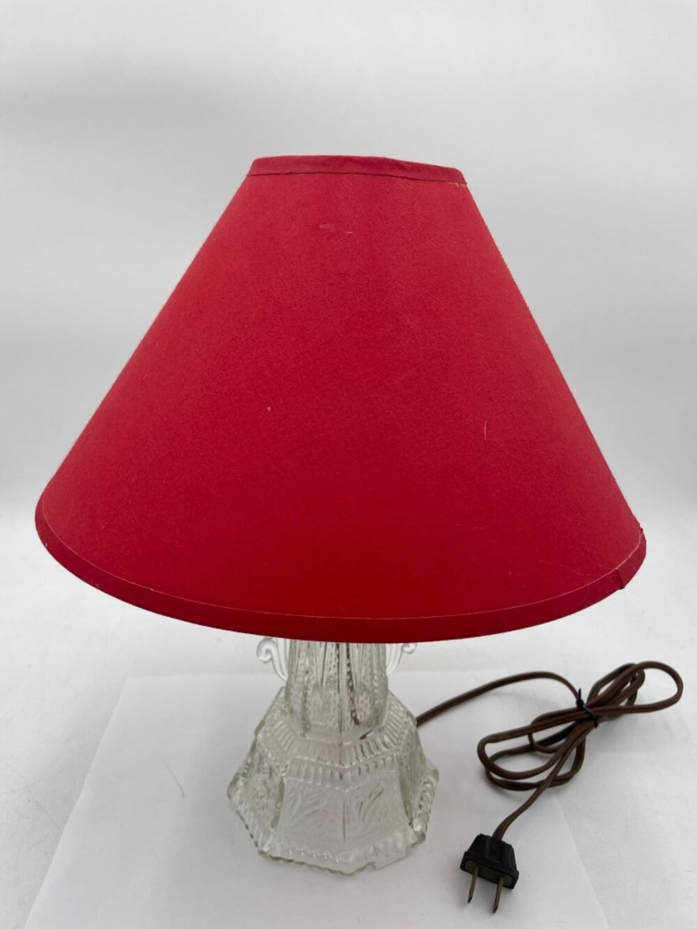 Vintage Glass Table Lamp With Red Fabric Shade Elegant Detailing Electric Plug-I